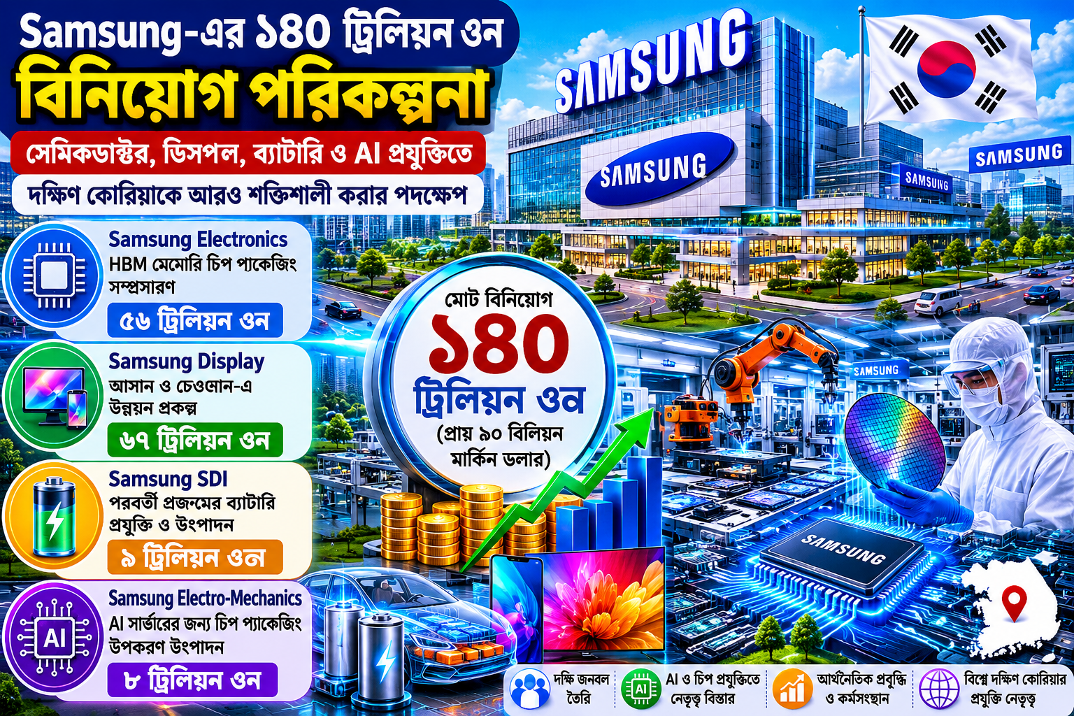 স্যামসাংয়ের ৯০ বিলিয়ন ডলার বিনিয়োগ পরিকল্পনা: দক্ষিণ কোরিয়ার প্রযুক্তি খাতে বড় পদক্ষেপ